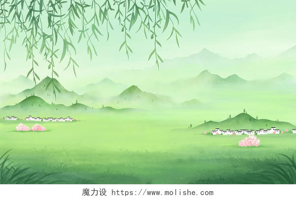 清明节插画手绘春天绿色田野背景风景柳树山水节气春分